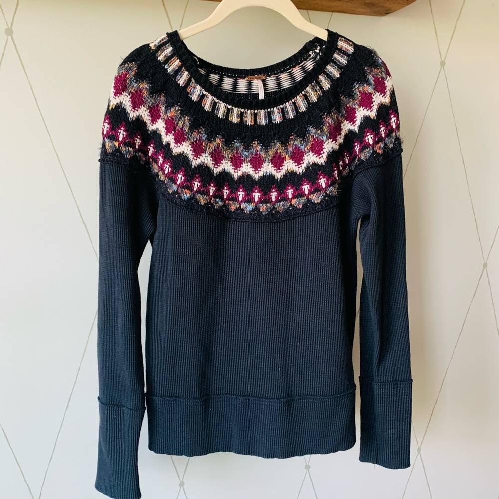 Free People Top Black Red Fairisle Nordic Knit Yoke Cotton Thermal Scandi Medium